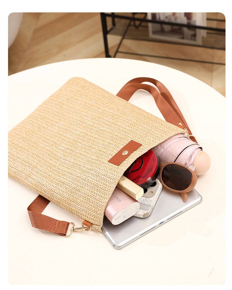 Borsa tote da donna in paglia intrecciata, borsa a tracolla singola, borsa a secchiello, borsa tote da spiaggia per le vacanze, borsa a tracolla con tracolla larga regolabile_voghion.com