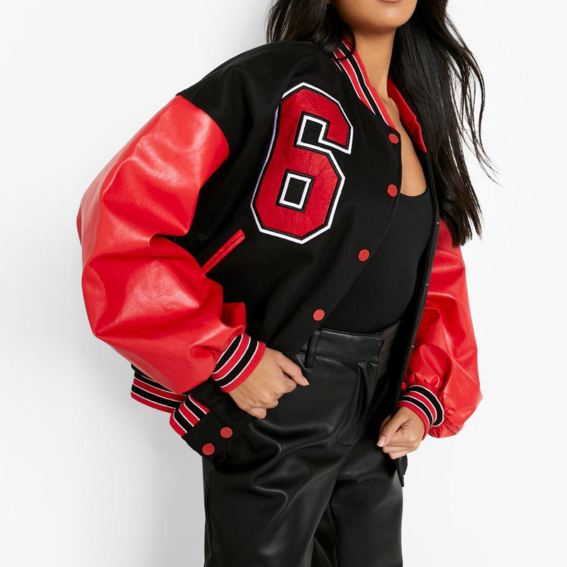 Chaqueta de béisbol engrosada de lana con letras para mujer_voghion.com