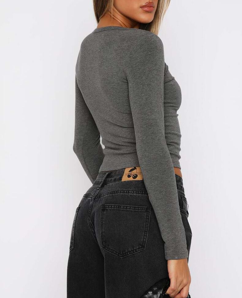 Women's Clothing Slim Fashion Threaded Rib Button Long Sleeved T Shirt Female_voghion.com
