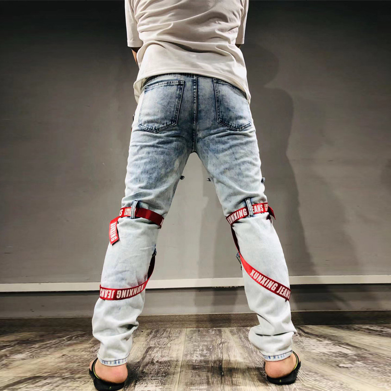 Jean avec ruban en tissu autocollant, avec pieds cassés, fermeture éclair, vêtements Slim pour hommes, à la mode, 2021_voghion.com