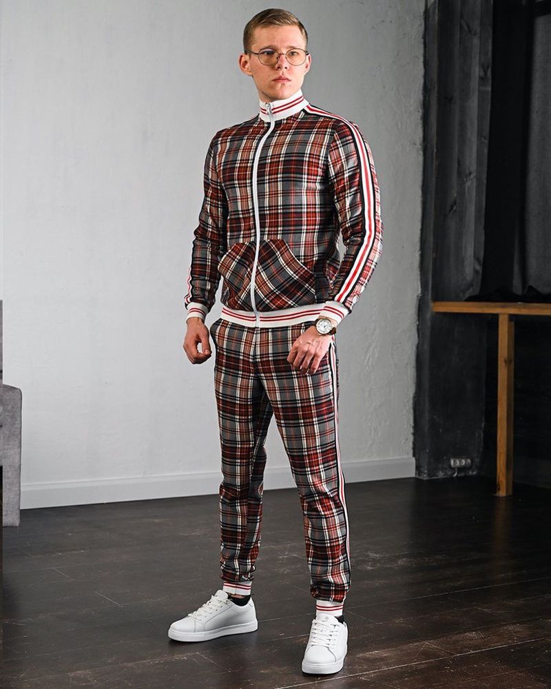 European and American striped sports casual suit men's large size slim sports trousers jacket two-piece set spring and autumn_voghion.com