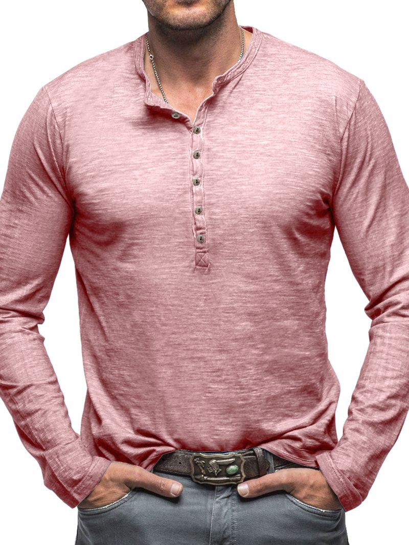 2025 Langarm Herren Top Frühling Herbst Bambus Baumwolle Einfarbig Knopf Henley Shirt Männer_voghion.com