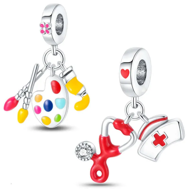 Breloques en argent sterling 925, série professionnelle, artiste peintre, médecin, pendentif perle, best-seller, compatible avec les bracelets en argent, à faire soi-même_voghion.com