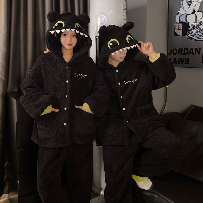 Toothless Couple Little Monster Long Winter Pajamas Cute Cartoon Plus Plush Thick Home Clothes Women's Set_voghion.com