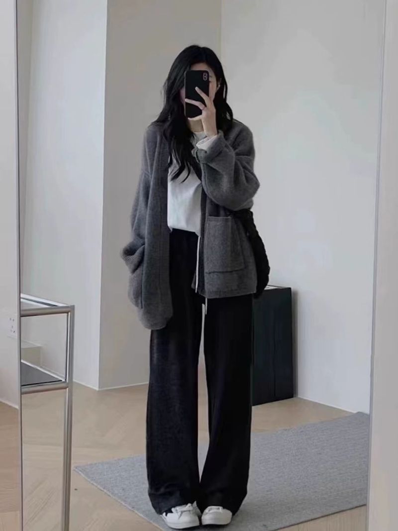 Cardigan 100 % pure laine pour femme, col en V, sans boutons, ample, avec poches, tricoté en cachemire, nouvelle collection automne-hiver 2025_voghion.com