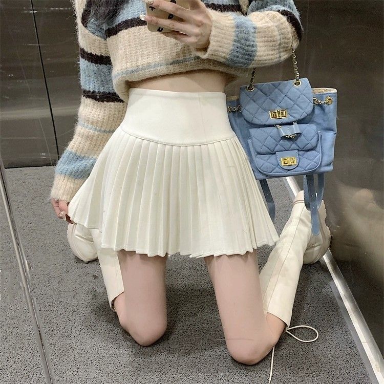 Jupe mi-longue en laine kaki GraceChic Melard pour femme, nouvelle collection automne-hiver, taille haute, amincissante, plissée, coupe trapèze, anti-exposition_voghion.com