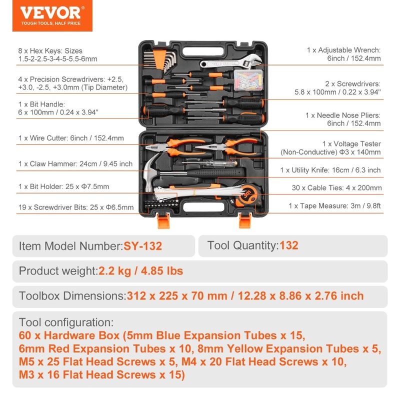 Tool Kit 132 Piece General Household Hand Tool Set Home Repairing Tool Kit With Portable Tool Storage Case HighQuality Steel F_voghion.com