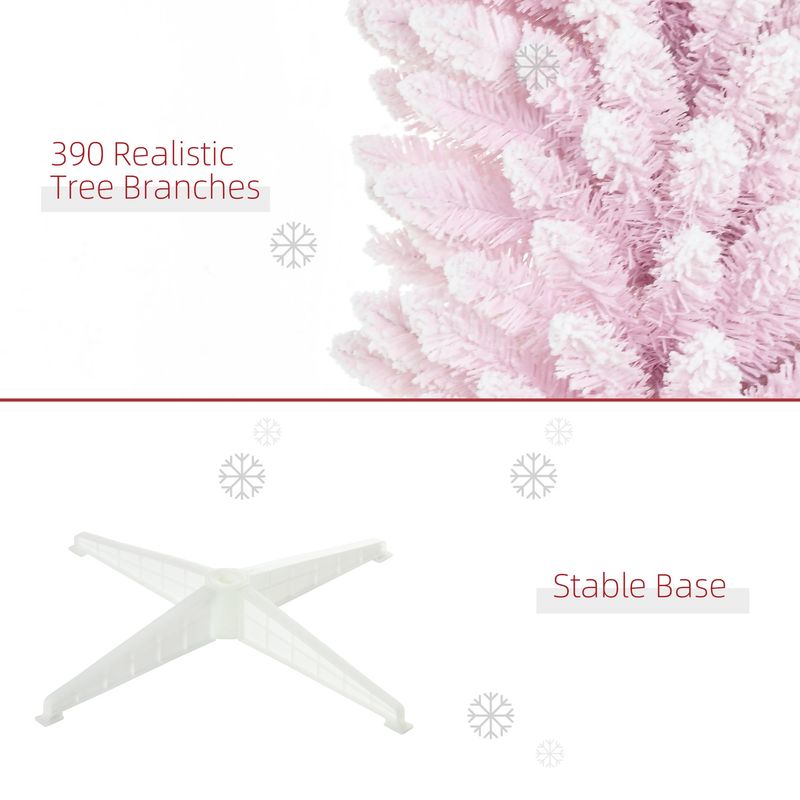 6ft Snow Flocked Artificial Pencil Christmas Tree, Slim Xmas Tree With Realistic Branches And Plastic Base Stand For Indoor Decoration, Pink_voghion.com