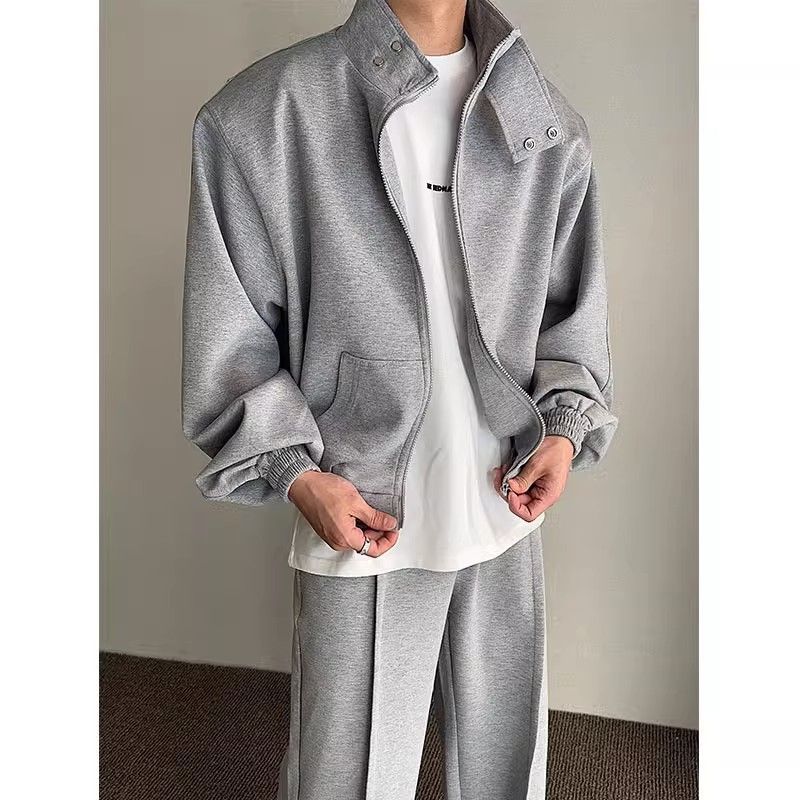 Vêtements pour hommes décontractés amples épaulettes col montant pull costume hommes automne sport deux pièces costume tendance garçons couleur unie_voghion.com