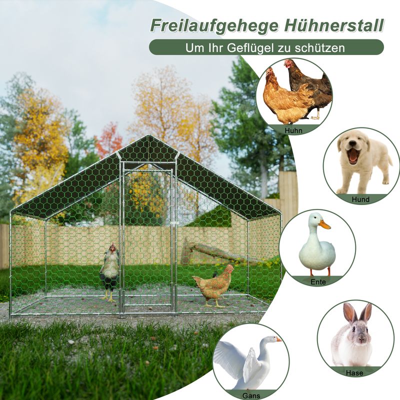 Hühnerstall Freilaufgehege 3x1,5x2m Mit Sicherheitsschloss Und Wasserdichtes PE-Tuch, Kleintiergehege Aus Metall Für Hühner, Kaninchen Und Weitere Kleintiere_voghion.com