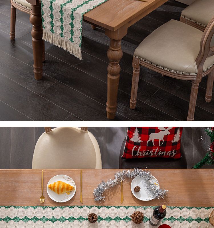 Lillian Neuer Weihnachtstischläufer aus Baumwolle, gewebt, zweifarbig, Patchwork, mit Quasten, lange Tischdecke für Zuhause_voghion.com