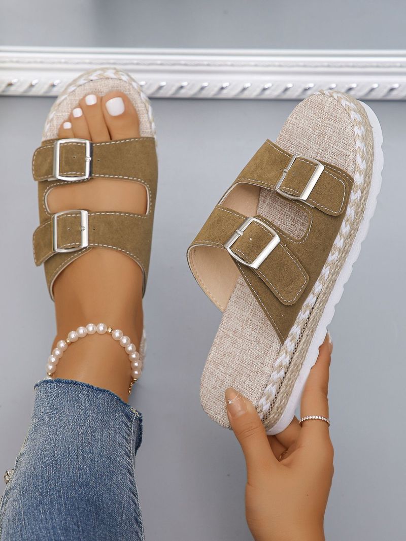 Dammeschuhe Grouss Gréisst Gürtelschnalle Pantoffelen fir dobaussen am Summer Retro Déckt Ënner Seel Faul Casual Sandalen_voghion.com