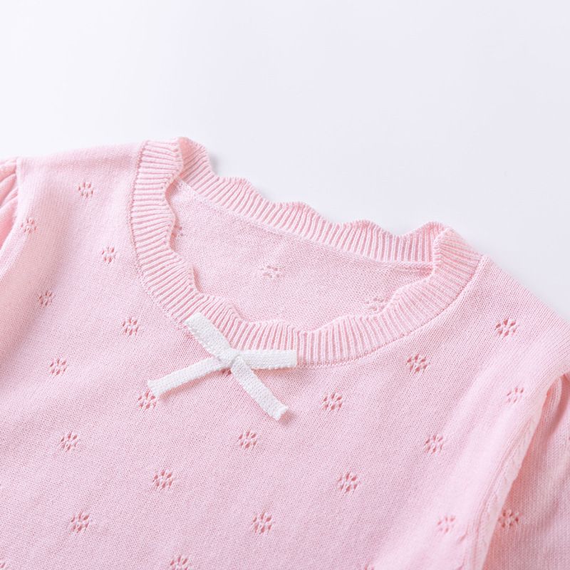 Maglietta estiva a maniche corte sottile e traspirante con scollo rotondo e fiocco traforato per bambini, modello A, all'ingrosso_voghion.com