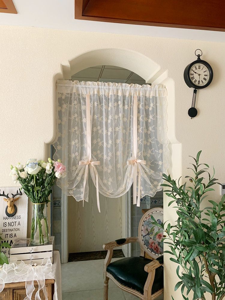Pastoral Embroidery Window Screen Lifting Curtain Lifting Curtain Lace Screen Curtain Free Punching Velcro Partition Bay Window Balcony_voghion.com