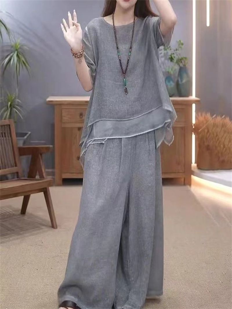 Ensemble deux pièces élégant en coton et lin pour femme, style ethnique, ample et amincissant, couvrant le ventre, été 2024_voghion.com