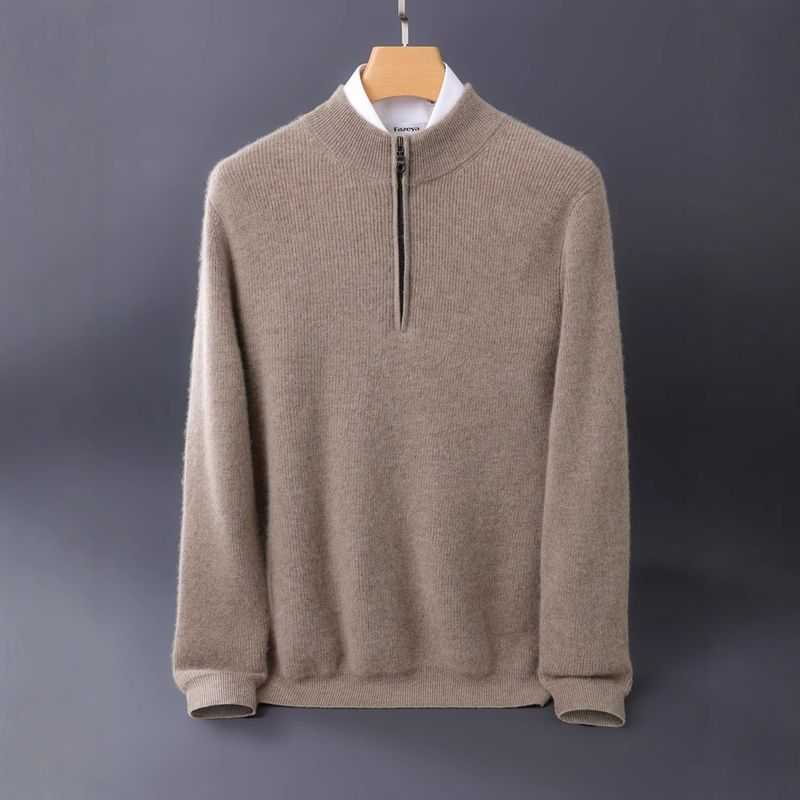 Thickened Cashmere Sweater Men's Cashmere Semi-turtleneck Zipper Sweater Youth Business Casual Top_voghion.com