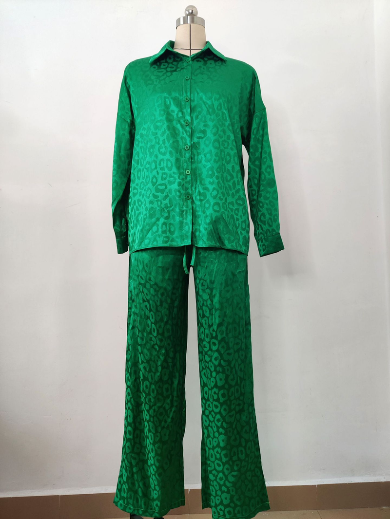 Chemise à manches longues imprimée léopard, avec taille élastique et pantalon ample, ensemble deux pièces, début d'automne_voghion.com