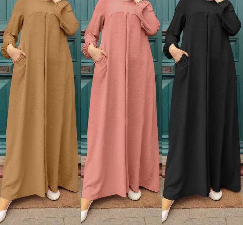 Abbigliamento da donna casual tinta unita cuciture polsini elastici abito da donna gonna lunga_voghion.com