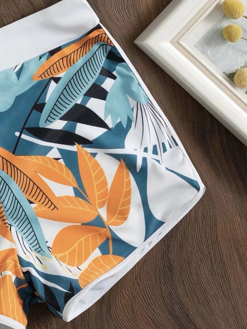 Women's Clothing Swimsuit Women's Split High Waist Boxer Tie Bikini Printed Solid Color Swimsuit_voghion.com
