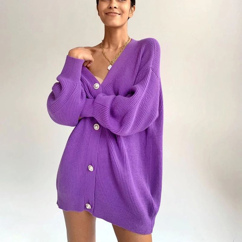 2024 nouvelle veste pull femme couleur unie décontractée cardigan boutonné en tricot ample_voghion.com