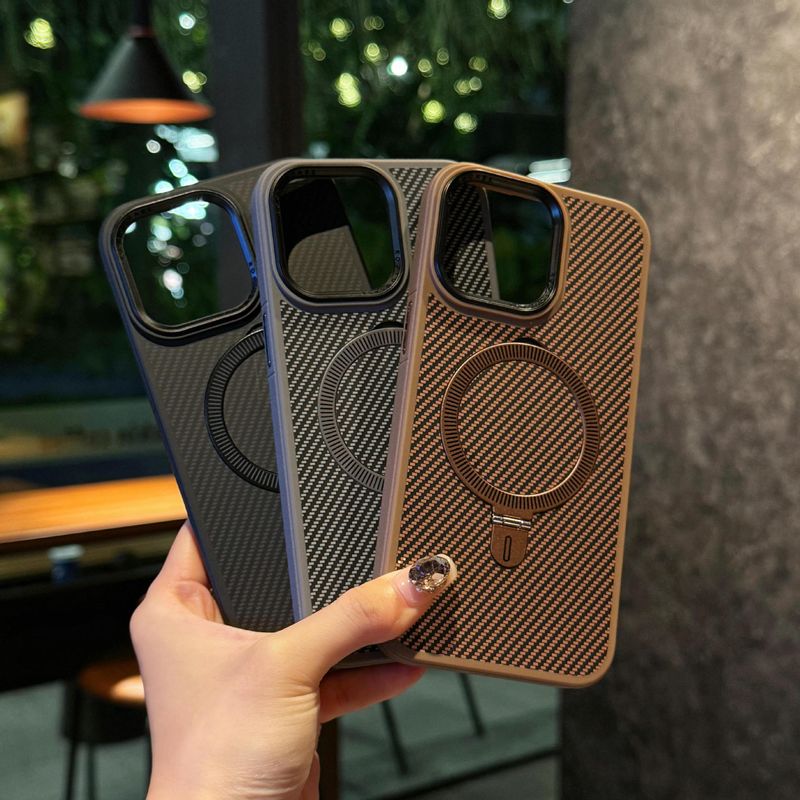 Applicable to iPhone16ProMax mobile phone case carbon fiber pattern PC magnetic bracket Aple 14 anti fall protective cover 13_voghion.com