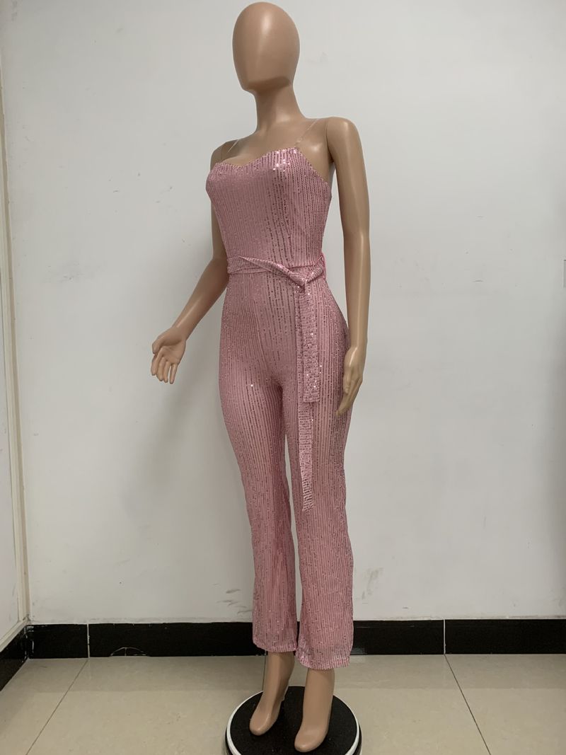 Dametøj Ærmeløs pailletterbæltejumpsuit ensfarvet tubetop rygløs jumpsuit_voghion.com