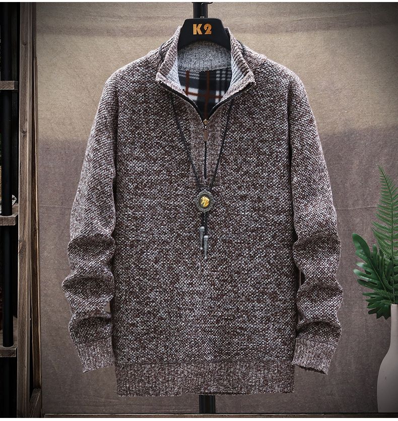 Men's long-sleeved stand collar and fleece thickened solid color half-zip pullover sweater for men_voghion.com