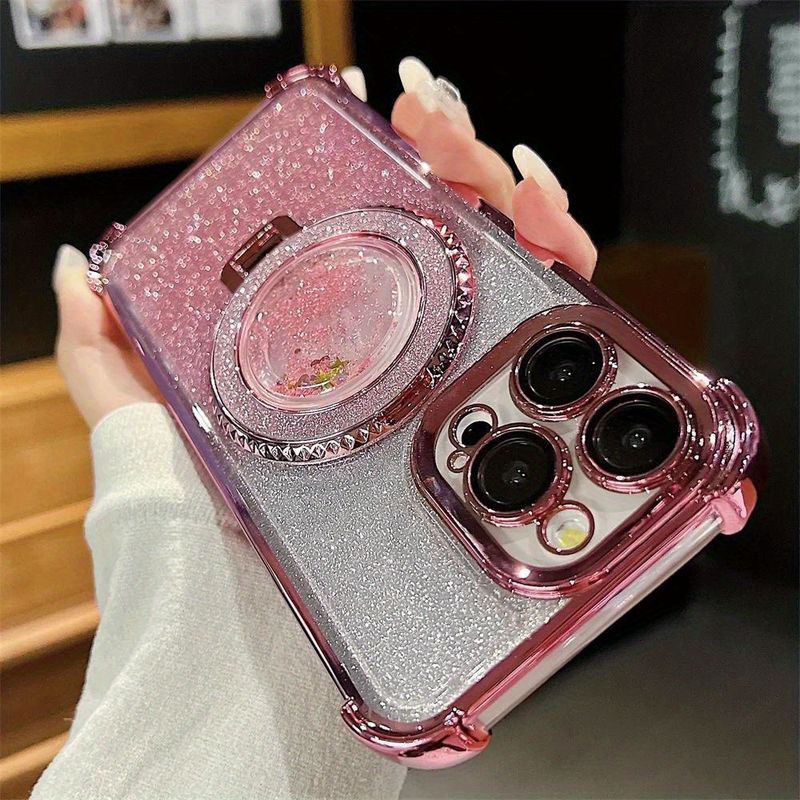 Magnetic Ring Holder Stand for iPhone 15ProMax, 15, 14, 13, 12, 11 Pro Max Plus, Shockproof TPU Protective Cover with Floating Glitter_voghion.com