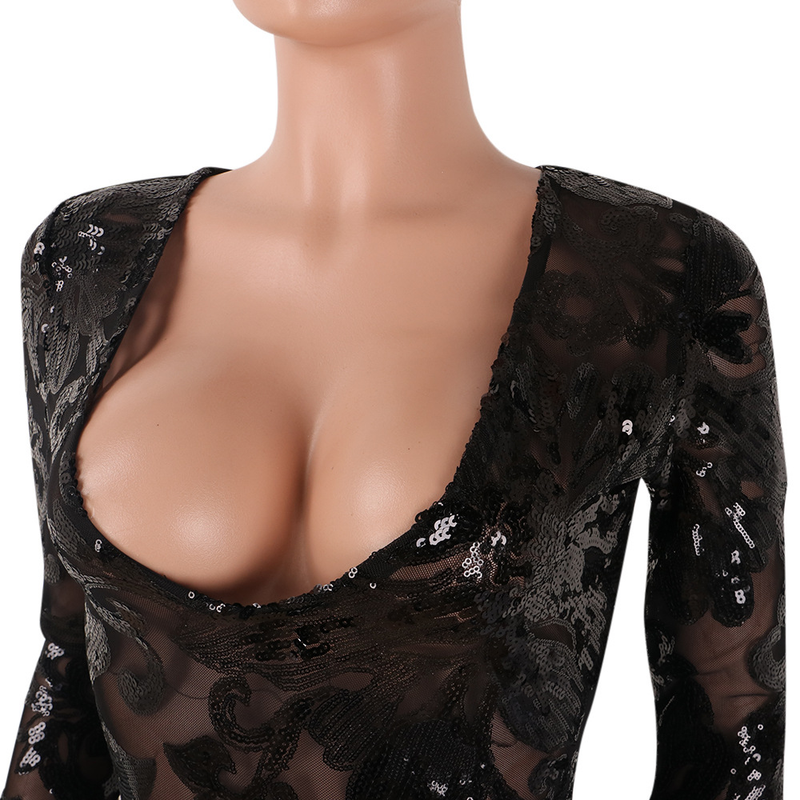 Eng anliegender, mit Perlen besetzter, durchsichtiger Nachtclub-Jumpsuit mit tiefem V-Ausschnitt für Damen_voghion.com
