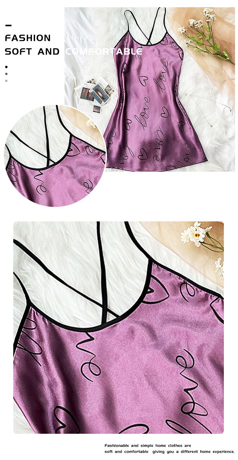 Silky Satin Nightdress – Soft & Breathable Sleepwear With Letter Print (S-5XL, Strappy)_voghion.com
