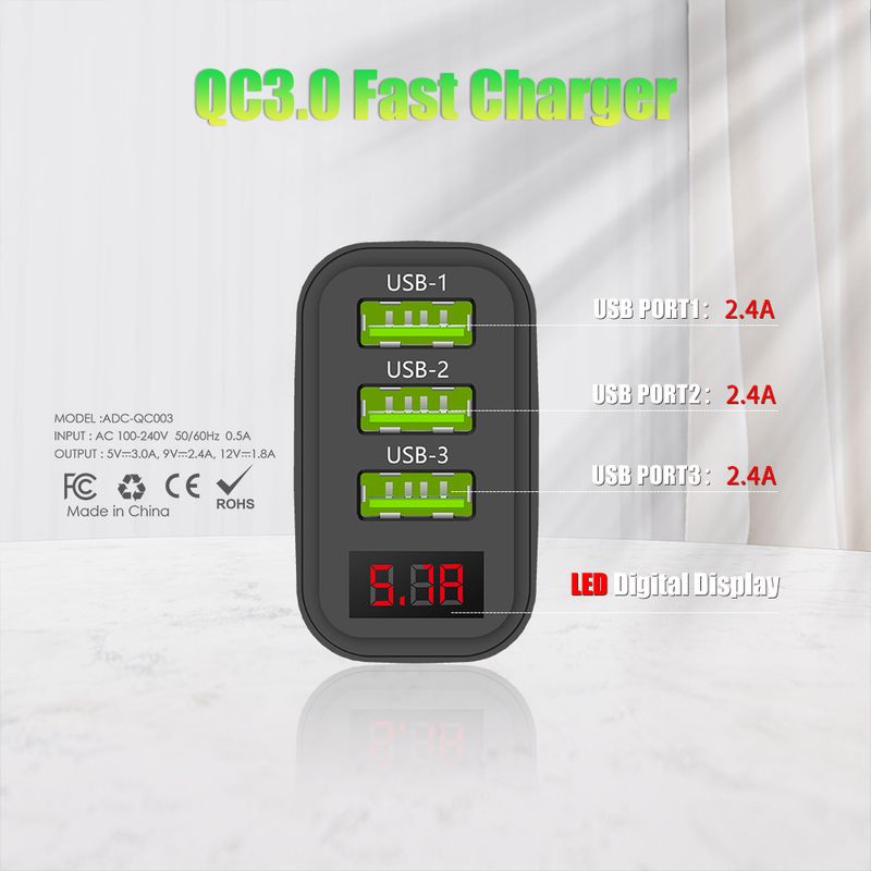 syct 3USB Digital Display LED Charger UK Standard 5V2.4A Multi-Port USB Mobile Phone Charging Head_voghion.com