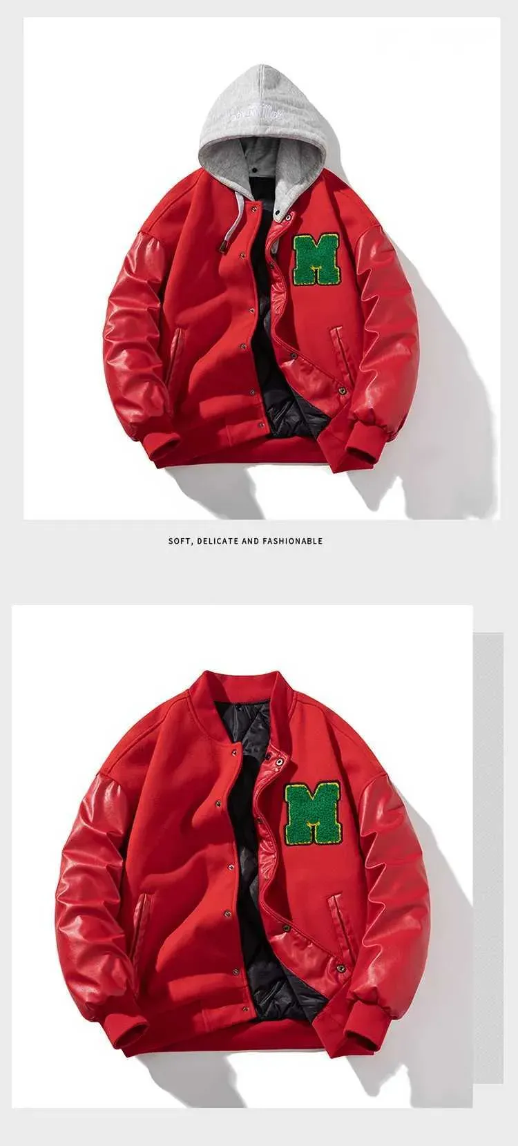 Vestes en cuir, vestes rouges : veste de baseball tendance, vestes d'hiver en fourrure pour hommes - Parka chaude boutonnée style universitaire_voghion.com