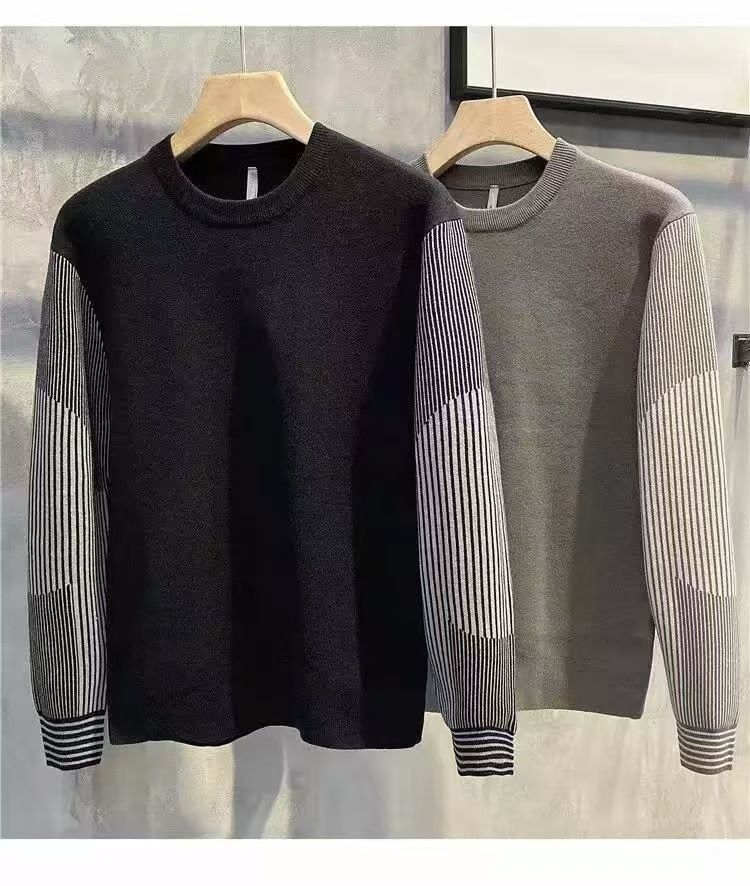 Suéter de punto a rayas para hombre, de moda, ajustado, con cuello redondo y diseño de bloques de color, informal y elegante para otoño e invierno._voghion.com