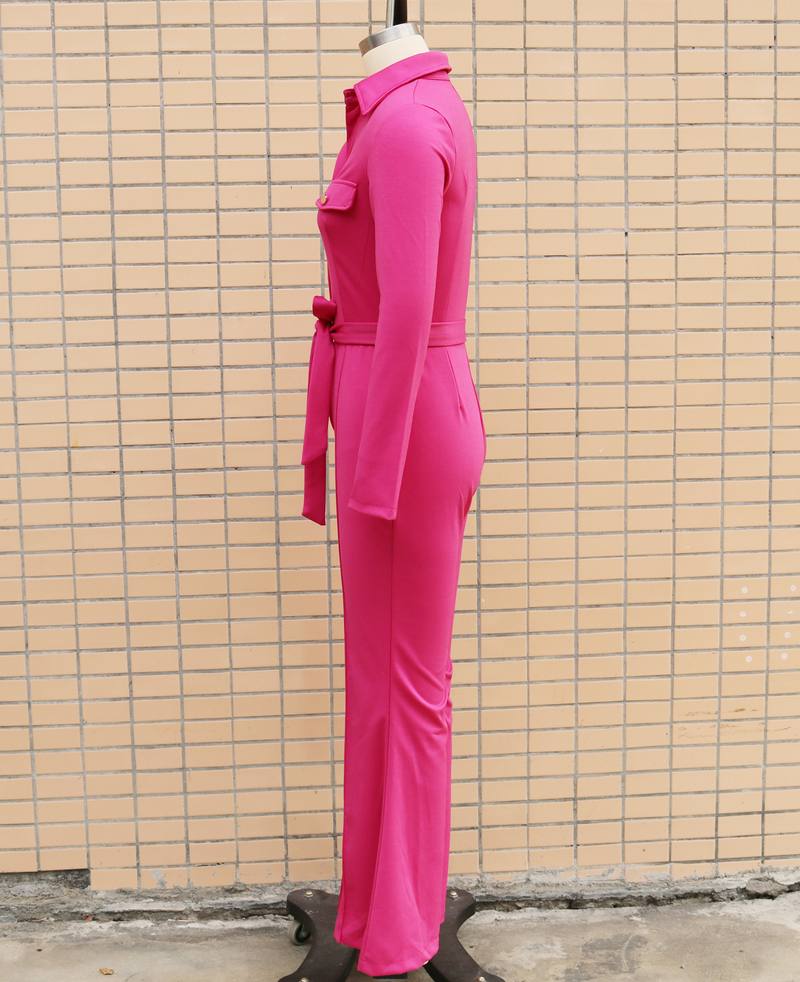 Women's clothing, autumn and winter button lapel micro-flared pants, work bag jumpsuit with belt_voghion.com