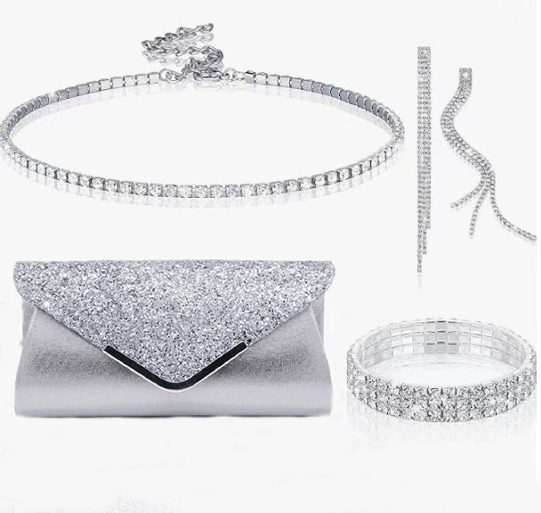 Set di gioielli da donna: elegante collana con strass, orecchini, bracciale e fermagli per abiti, per feste serali, matrimoni, balli di fine anno (bianco, giallo, oro rosa, nero)_voghion.com