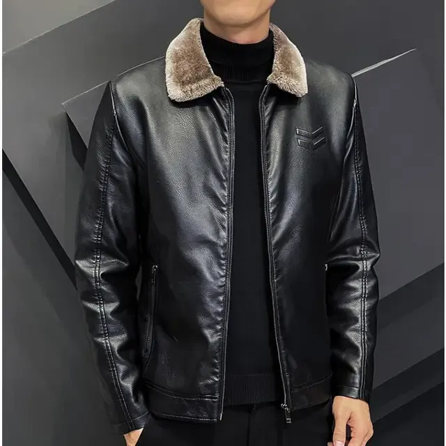 Winter Fashion Warmth Thickened Leather Jacket Lapel Solid Zipper Design Plus Size Men's Leather Jacket Bomber Fleece Coat_voghion.com