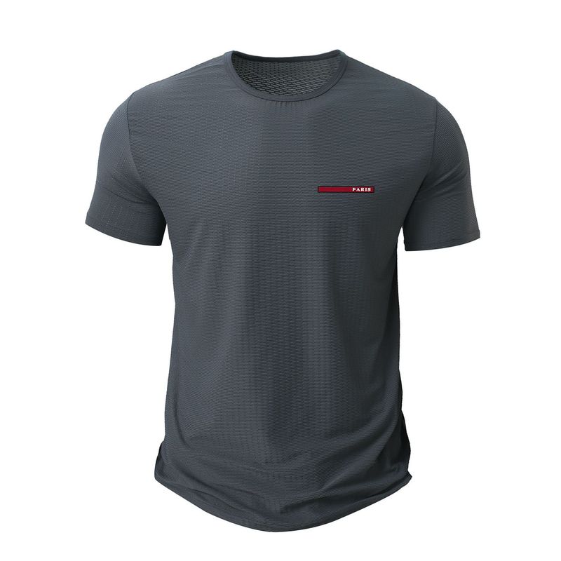 T-shirt de sport d'été pour homme, séchage rapide, respirant, col rond, longue bande, logo, manches courtes_voghion.com