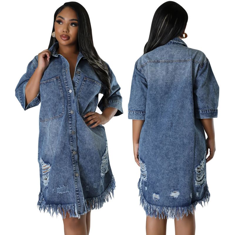 Plus-size Women's New Denim Ripped Fringed Short-sleeved Collar Dress_voghion.com
