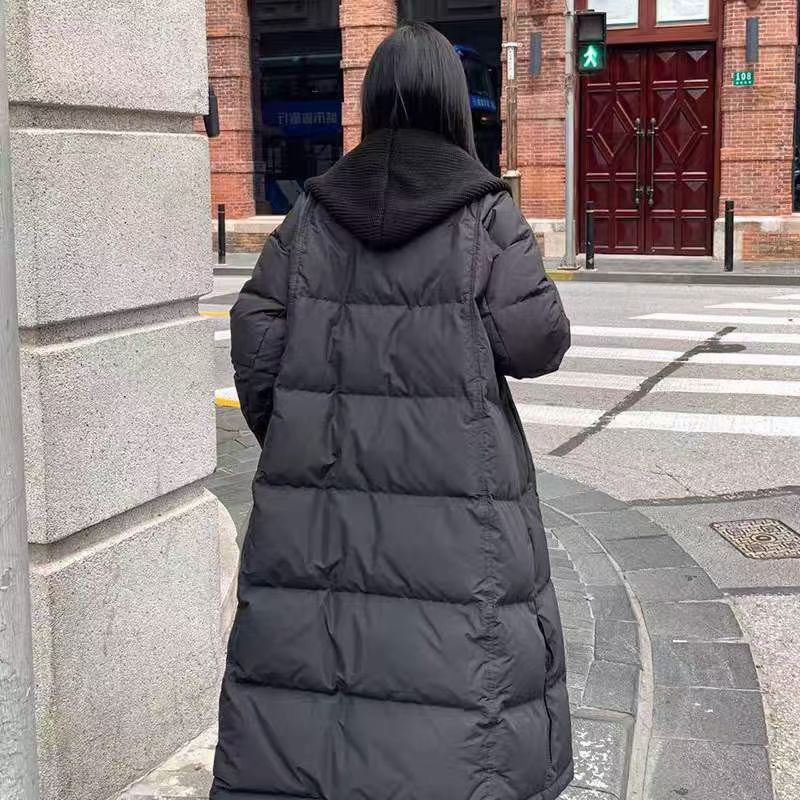 Women's Long Knitted Shawl Down Jacket – Korean Style Thick Loose Fit Winter Coat, Premium White Duck Down Filled Warm Outerwear_voghion.com