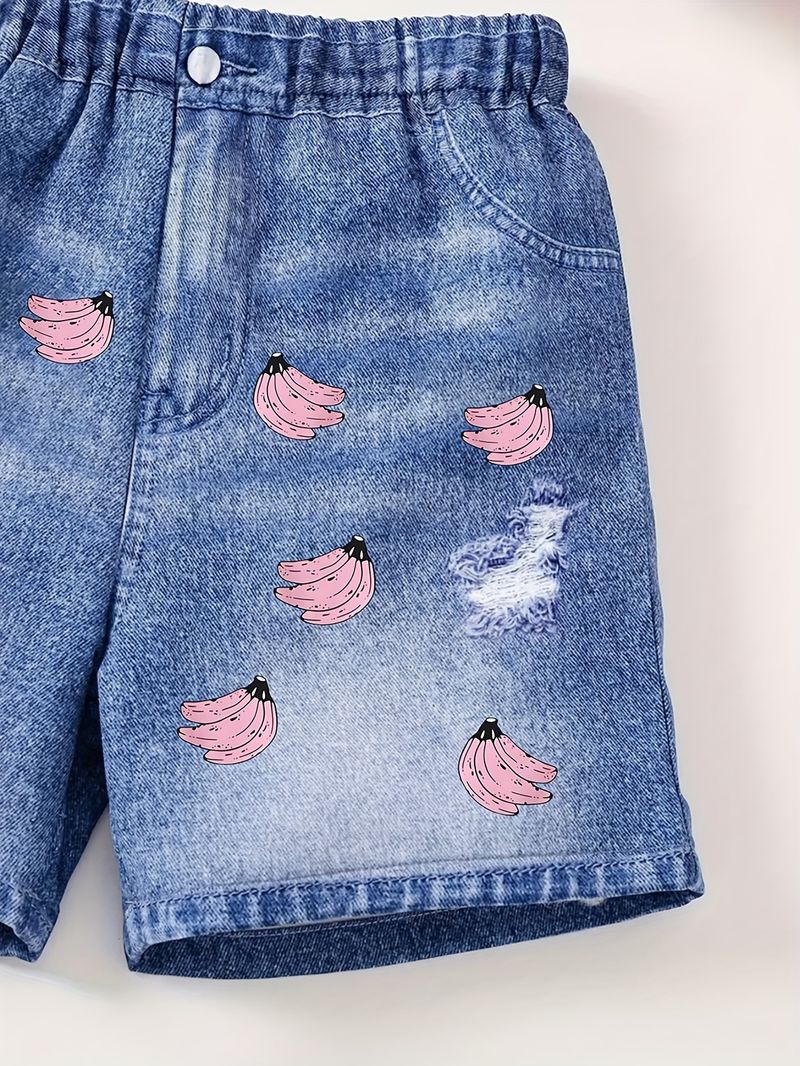 Mutter & Kinder INS Mädchen Mode Denim & Banana Print Rundhals Kurzarm T-Shirt Set_voghion.com