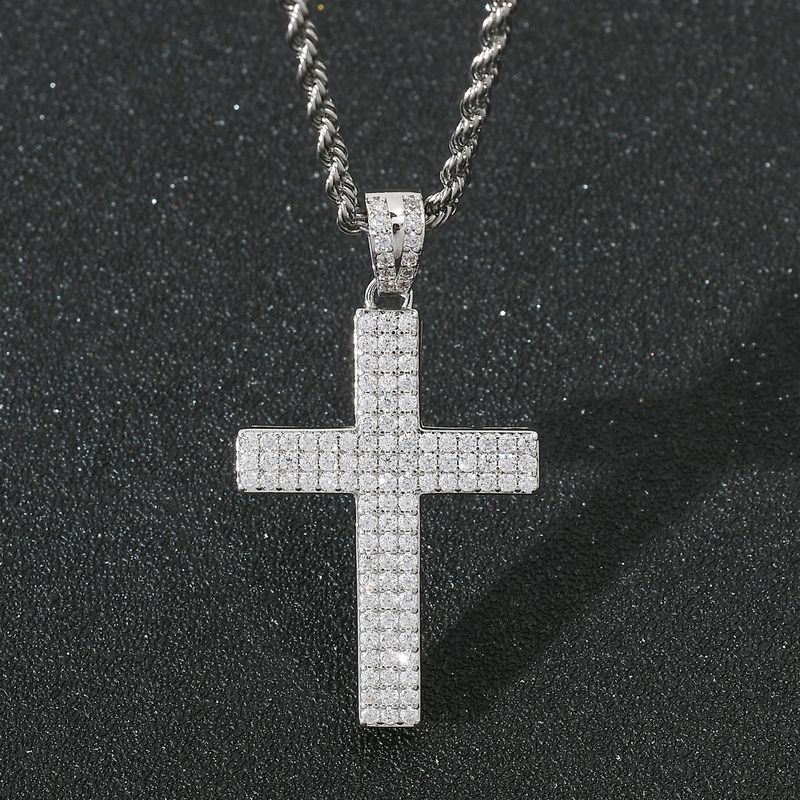 Collar con colgante de cruz de circonita de tres filas para hombre, estilo hip hop, accesorios populares de hip hop de moda para hombre._voghion.com