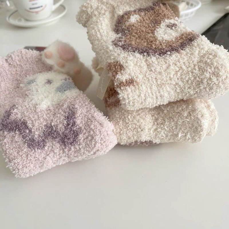 Petit Ours Corail Enfants Automne et Hiver Épais Velours Maison Revêtement De Sol Mi-Tube Post-Partum Chaleur Mignon Chaussettes De Sommeil_voghion.com