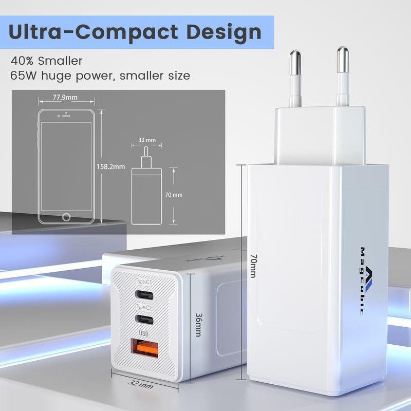 Transpeed 65W GaN Snellader USB-C Snelladen QC3.0PD3.0 5V 2A/4.5A Poort Type-C Snelle USB-lader Laptop iPhone12 Pro Max_voghion.com