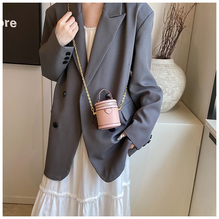 Borsa a secchiello da donna, mini borsa a secchiello rotonda con contrasto di colore, stile per famiglie, da portare a mano, piccola borsa a tracolla color rossetto, da donna_voghion.com