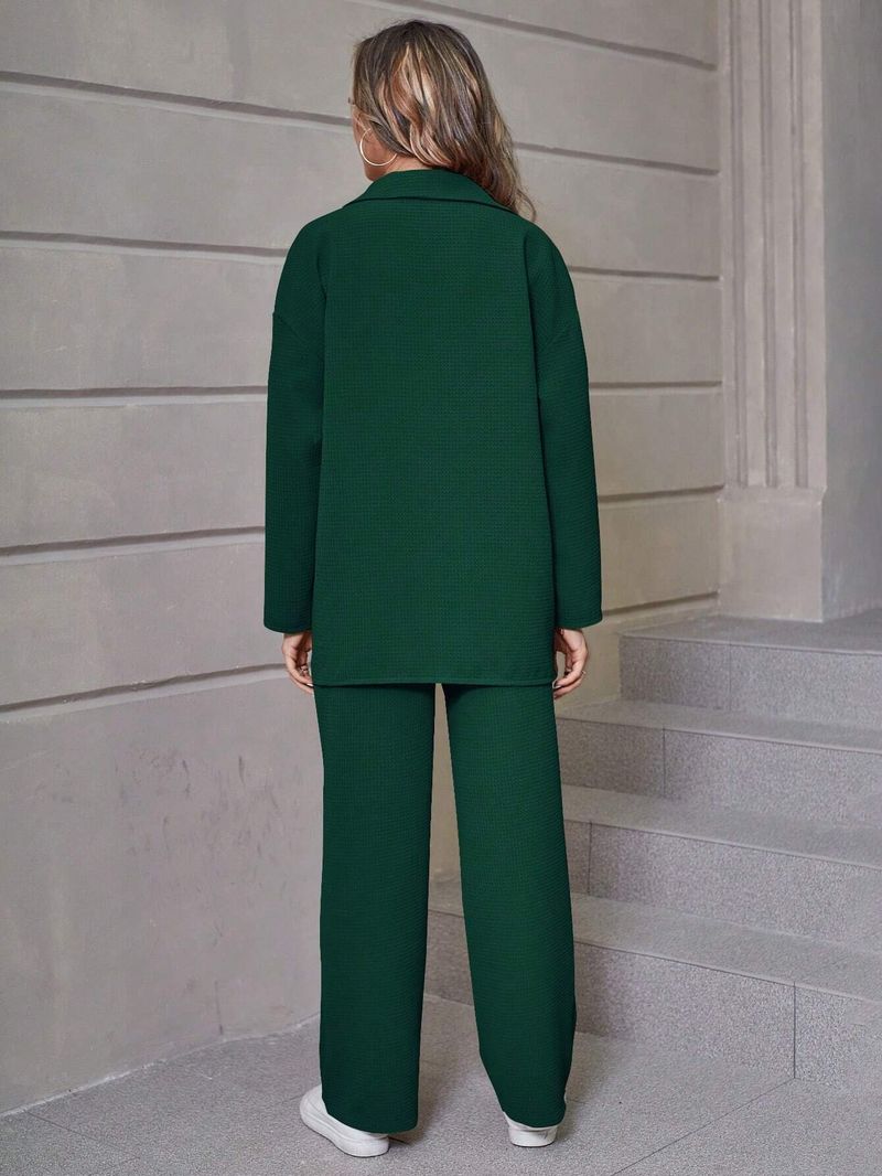 Trendy Waffle Knit Two-Piece Set Women's Casual Lounge Outfit Comfortable Long Sleeve Top & Pants_voghion.com