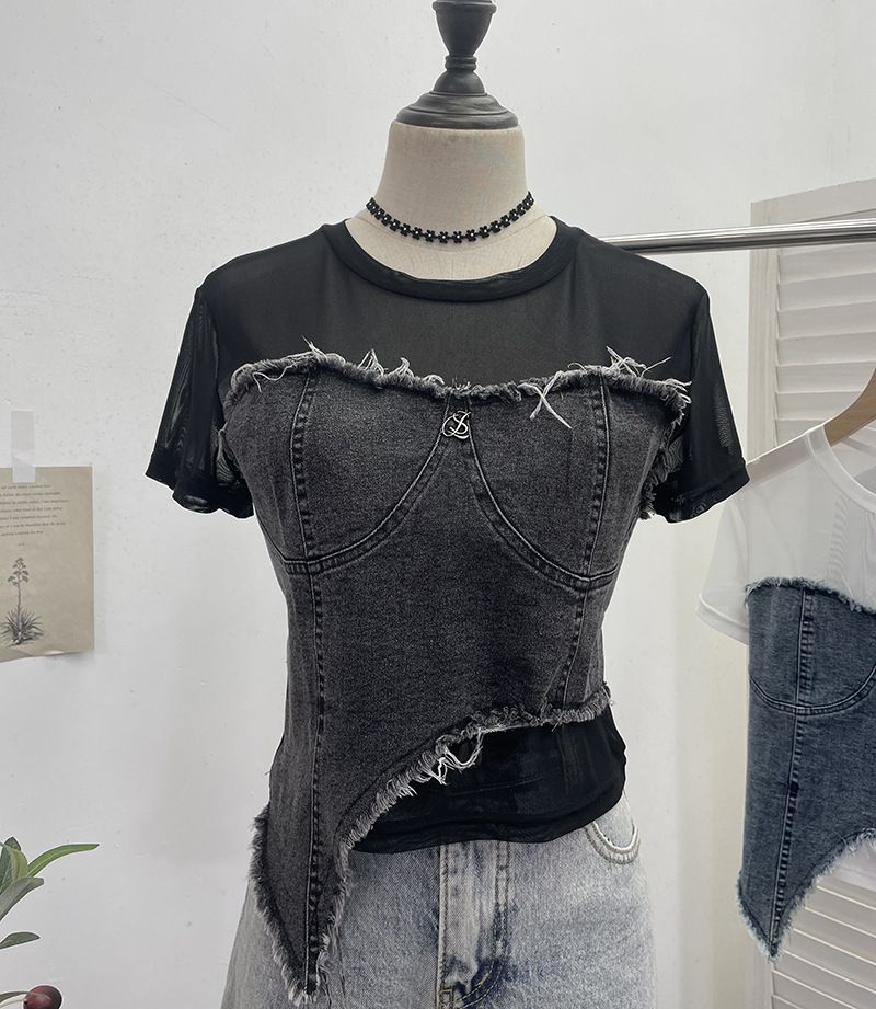 Damenbekleidung Real Shot Denim Splicing Mesh Kurzarm-T-Shirt Sommer Modisches unregelmäßiges kurzes Slim Fit-Oberteil mit hoher Taille_voghion.com