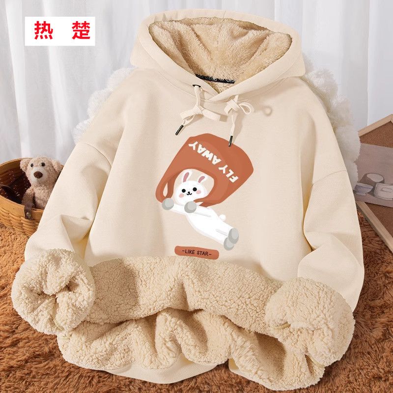 Felpa con cappuccio in lana di agnello, autunno, donna, vestibilità ampia, manica lunga, nuovo stile, pile, inverno 12_voghion.com