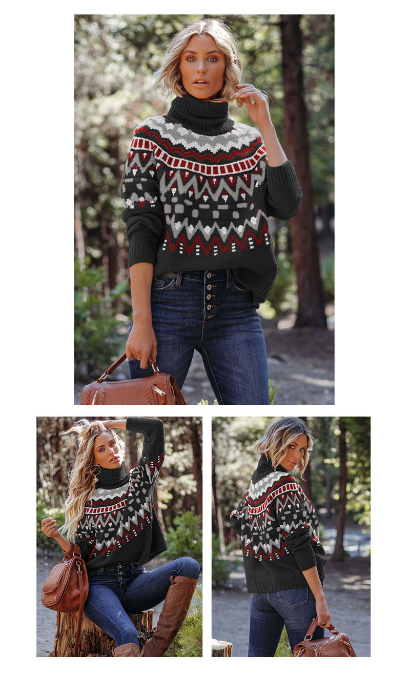 Women's vintage striped patchwork color sweater Halloween turtleneck sweater_voghion.com