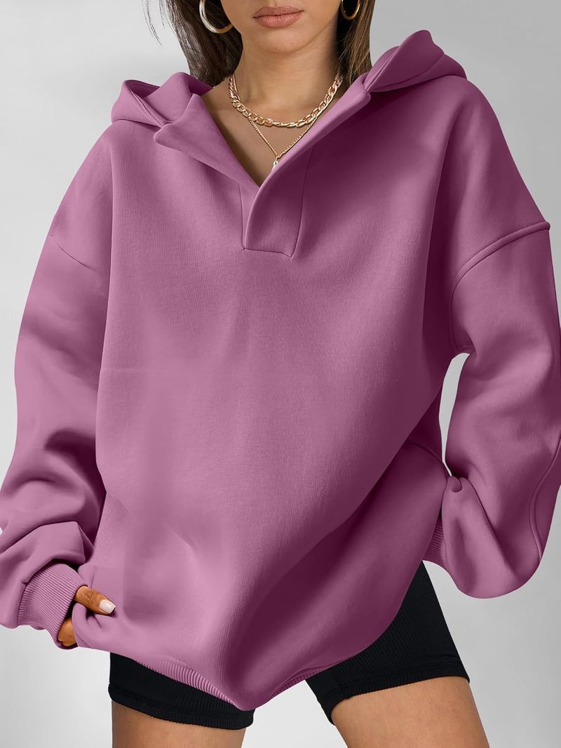 Women's Clothing Sweatshirt Solid Color Long Sleeve Hooded Solid Color Loose Sweater Women's Top_voghion.com
