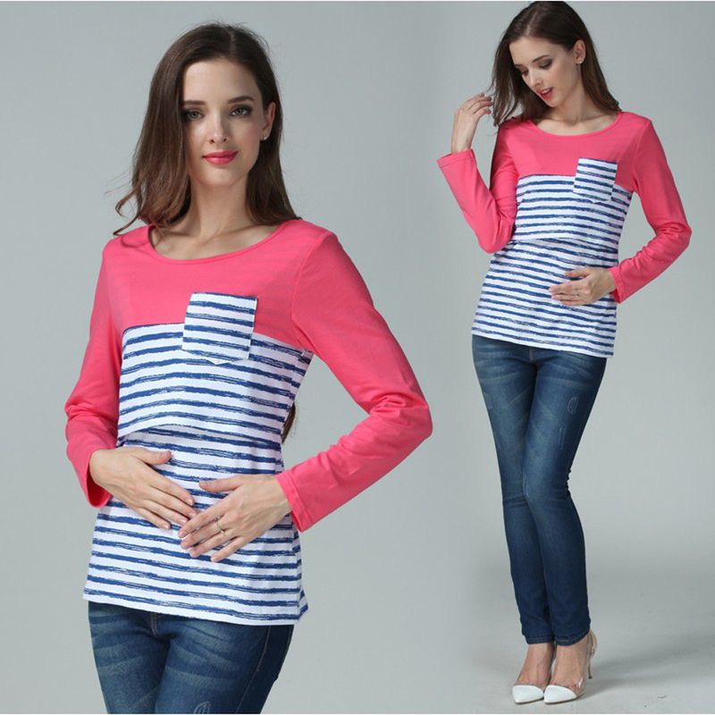 2024 Frühlings- und Herbstmode-Oberbekleidung Spicy Mom Langarm-T-Shirt aus reiner Baumwolle Stillpanel Gestreifte Tasche_voghion.com